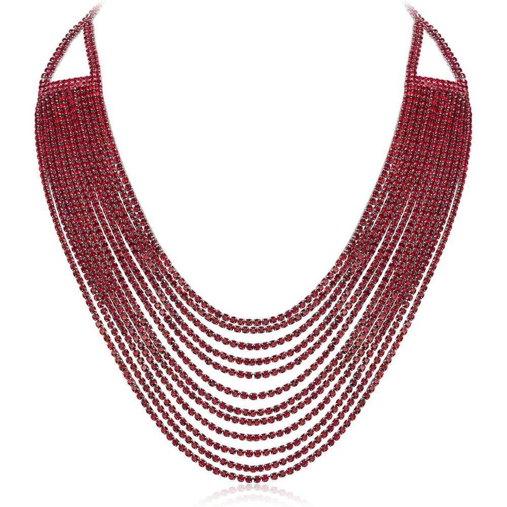 🆕 Women Red Multi Layered Chunky Collar Necklace Glitter Rhinestone Bib Jewelry